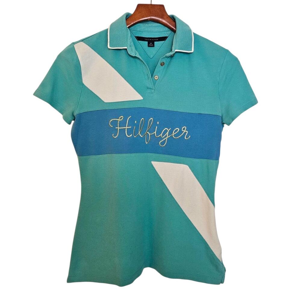 Tommy Hilfiger Vintage Y2K Teal, Blue, & Metallic Embroidered Preppy Polo Shirt